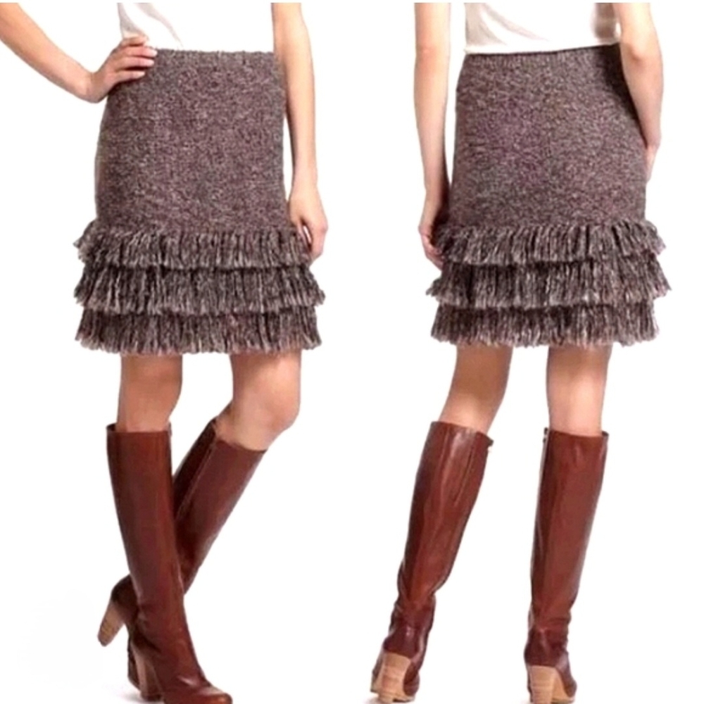 Anthropologie Textured Brown Fringe Midi Skirt